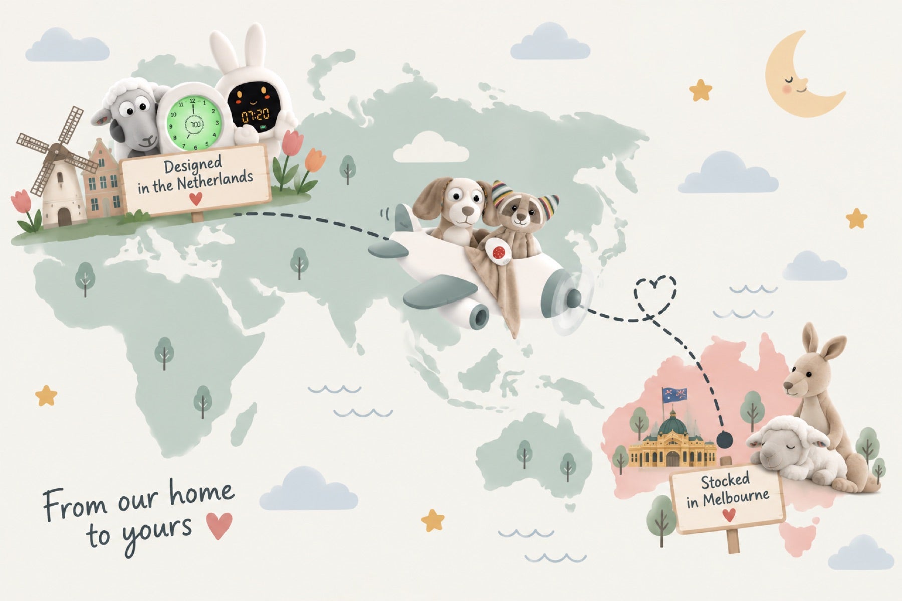 Illustrated map: Sam and Sarah beside a windmill in the Netherlands, Davy and Dex flying a little plane to Australia, where a kangaroo and Sam nap by the Stocked in Melbourne sign.